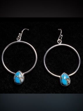 Sterling Silver Turquoise Hoop Earrings Blue Stone Western Boho Statement